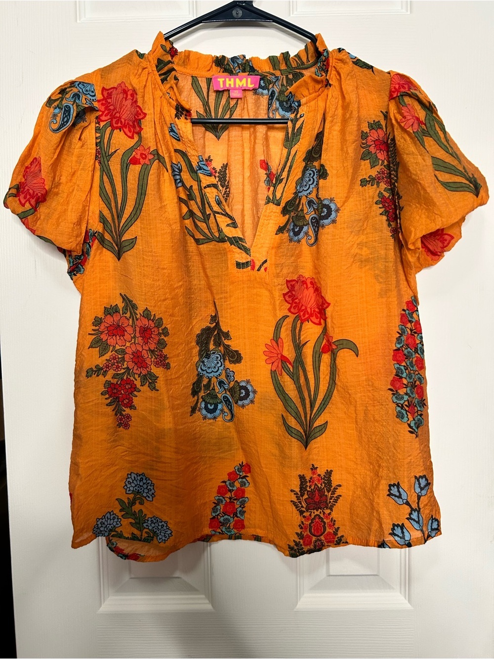 THML Orange Floral Paisley Boho Split Neck Puff Sleeve Blouse XS - Picture 2 of 5